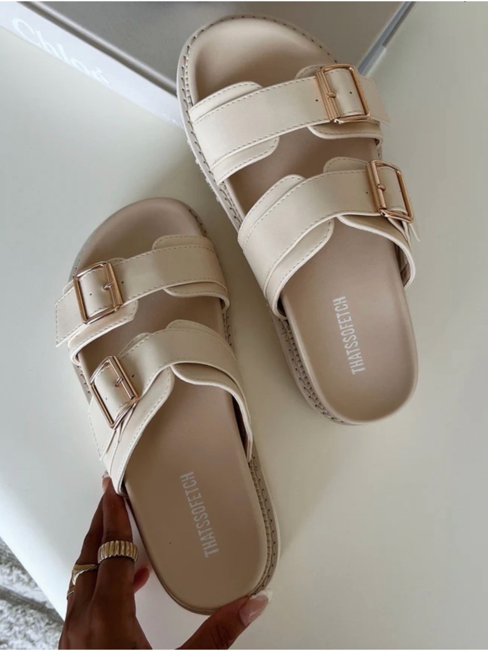That's So Fetch Cream Double-Buckle Slide Sandals